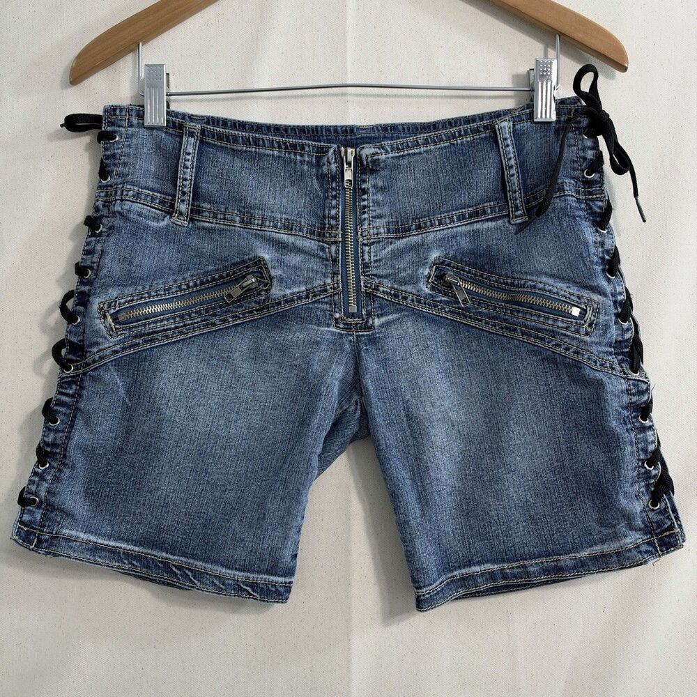 Playboy Women’s Denim Shorts Size M Blue Side Lace Up Zip Pockets Y2K Style
